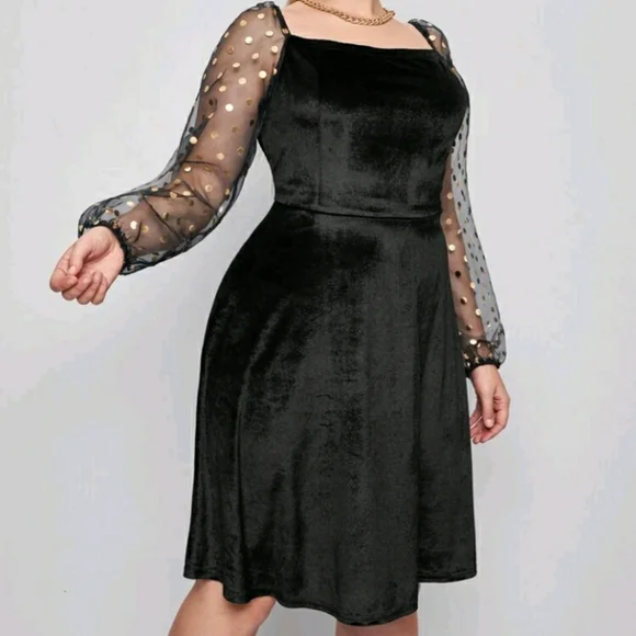 #12 Brand New Plus Black and Gold Mesh Velvet Dress - Picture 4 of 6
